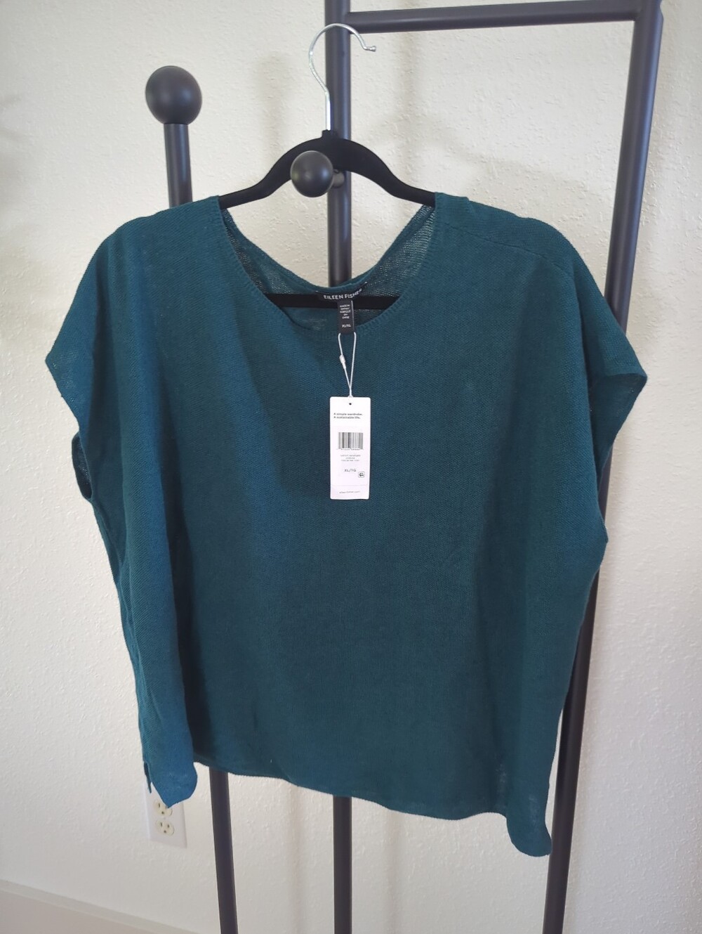 Eileen Fisher Teal Short-Sleeve V-Neck Knit Top